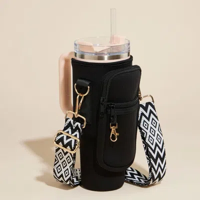 Fashnzfab Solid Tumbler Carrier Holder Geometric Pattern Strap Crossbody Bag In Black