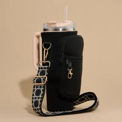 Fashnzfab Solid Tumbler Carrier Holder Geometric Pattern Strap Crossbody Bag In Black