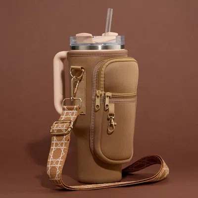 Fashnzfab Solid Tumbler Carrier Holder Geometric Pattern Strap Crossbody Bag In Brown