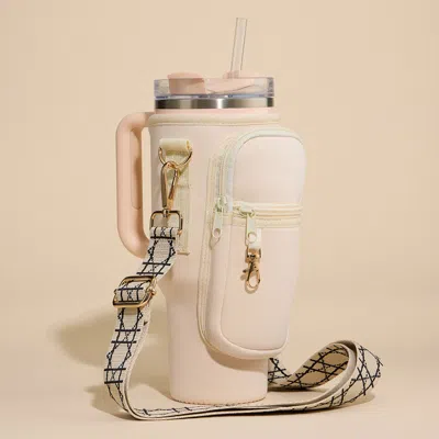 Fashnzfab Solid Tumbler Carrier Holder Geometric Pattern Strap Crossbody Bag In White