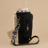 Fashnzfab Solid Tumbler Carrier Holder Leopard Pattern Strap Crossbody Bag In Black