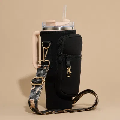 Fashnzfab Solid Tumbler Carrier Holder Leopard Pattern Strap Crossbody Bag In Black
