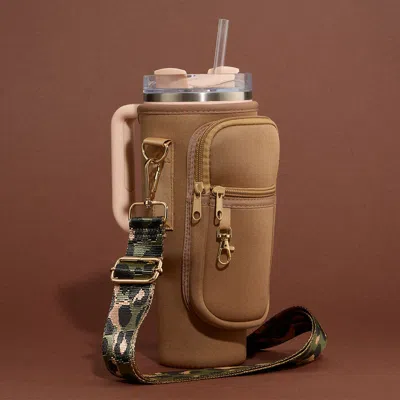 Fashnzfab Solid Tumbler Carrier Holder Leopard Pattern Strap Crossbody Bag In Brown