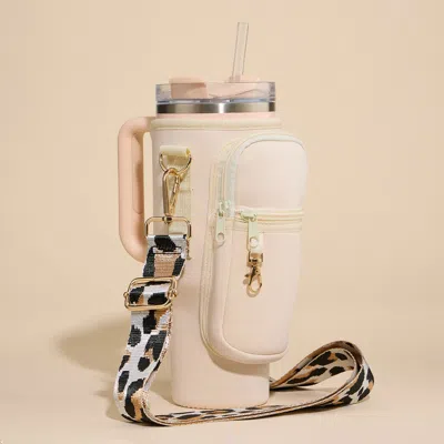 Fashnzfab Solid Tumbler Carrier Holder Leopard Pattern Strap Crossbody Bag In White