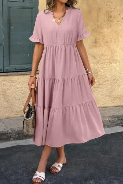 Fashnzfab Solid V Neck A Line Ruffle Hem Pleated Dress In Pink