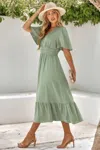 Fashnzfab Solid V Neck Belted Wrap Layered Midi Dress