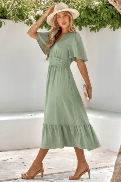 Fashnzfab Solid V Neck Belted Wrap Layered Midi Dress