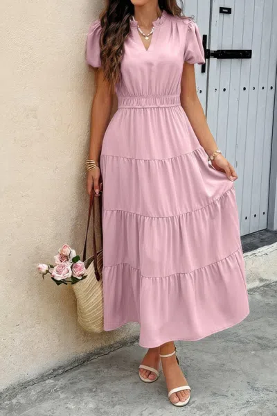 Fashnzfab Solid V Neck Color Block Elastic Waist Dress In Pink