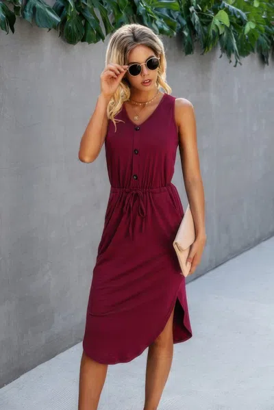 Fashnzfab Solid V Neck Drawstring Waist Curved Hem Dress In Pink