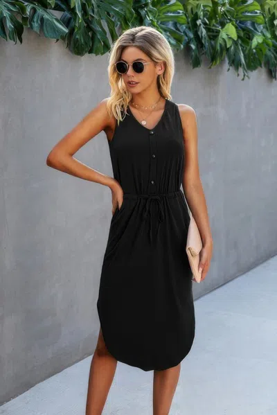 Fashnzfab Solid V Neck Drawstring Waist Curved Hem Dress In Black