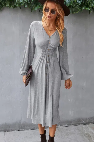 Fashnzfab Solid V Neck Elastic Waist Button Long Sleeve Dress In Gray
