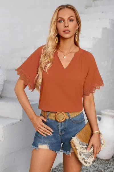 Fashnzfab Solid V Neck Lace Hem Butterfly Sleeve Blouse