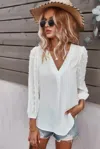 Fashnzfab Solid V Neck Lantern Sleeve Swiss Dot Shirt