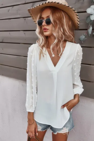 Fashnzfab Solid V Neck Lantern Sleeve Swiss Dot Shirt