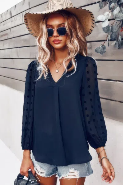 Fashnzfab Solid V Neck Lantern Sleeve Swiss Dot Shirt