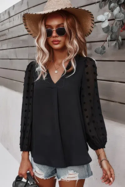 Fashnzfab Solid V Neck Lantern Sleeve Swiss Dot Shirt