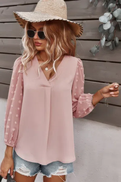 Fashnzfab Solid V Neck Lantern Sleeve Swiss Dot Shirt