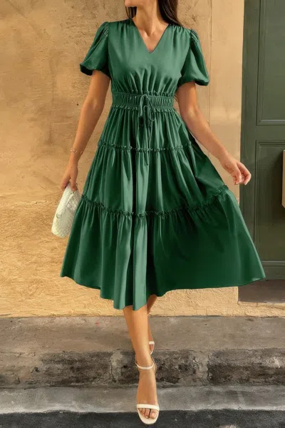 Fashnzfab Solid V Neck Puff Sleeve Elastic Waist Dress