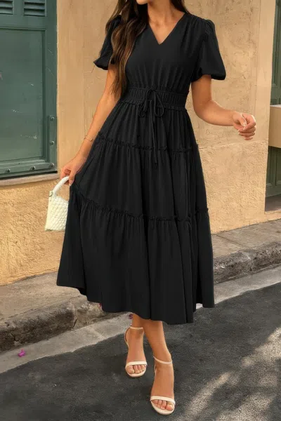 Fashnzfab Solid V Neck Puff Sleeve Elastic Waist Dress
