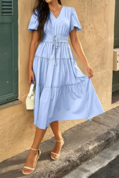 Fashnzfab Solid V Neck Puff Sleeve Elastic Waist Dress