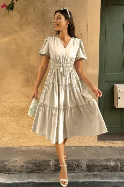 Fashnzfab Solid V Neck Puff Sleeve Elastic Waist Dress