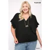 Fashnzfab Solid Viscose Knit Surplice Top With Ruffle Sleeve In Black