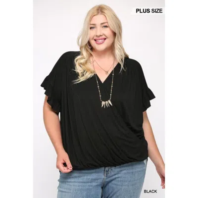 Fashnzfab Solid Viscose Knit Surplice Top With Ruffle Sleeve In Black