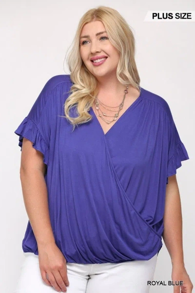 Fashnzfab Solid Viscose Knit Surplice Top With Ruffle Sleeve In Blue