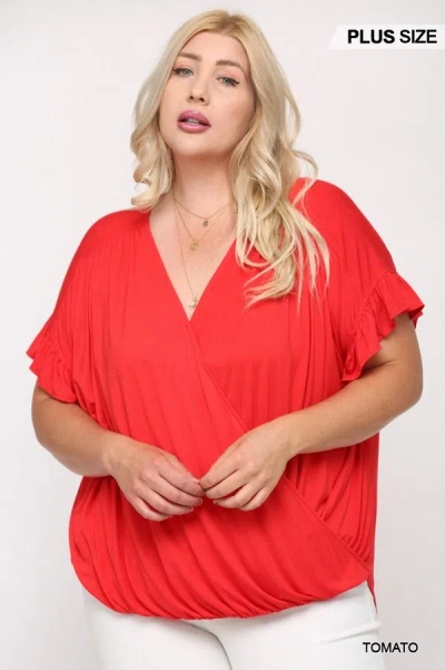 Fashnzfab Solid Viscose Knit Surplice Top With Ruffle Sleeve In Red
