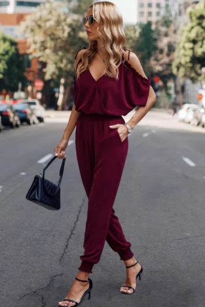 Fashnzfab Solid Wrap V Neck Cold Shoulder Outfits Jumpsuit In Pink