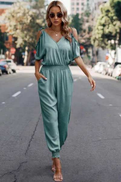 Fashnzfab Solid Wrap V Neck Cold Shoulder Outfits Jumpsuit