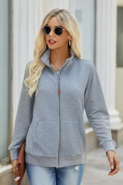 Fashnzfab Solid Zip Up Quilted Charm Pockets Jacket In Gray