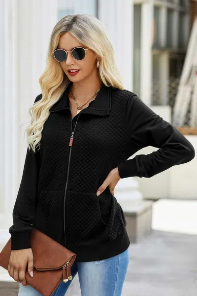Fashnzfab Solid Zip Up Quilted Charm Pockets Jacket