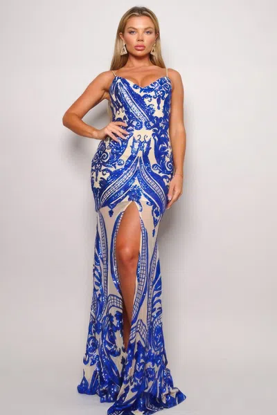 Fashnzfab Spaghetti Strap Art Deco Sequins Maxi Dress In Blue