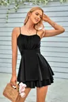 Fashnzfab Spaghetti Strap Ruched Satin Layered Romper