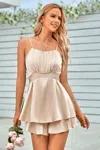 Fashnzfab Spaghetti Strap Ruched Satin Layered Romper