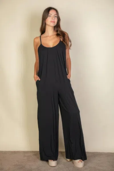 Fashnzfab Spaghetti Strap Solid Wide Jumpsuit In Black