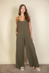 Fashnzfab Spaghetti Strap Solid Wide Jumpsuit In Green