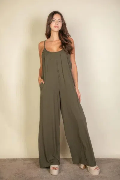 Fashnzfab Spaghetti Strap Solid Wide Jumpsuit In Green