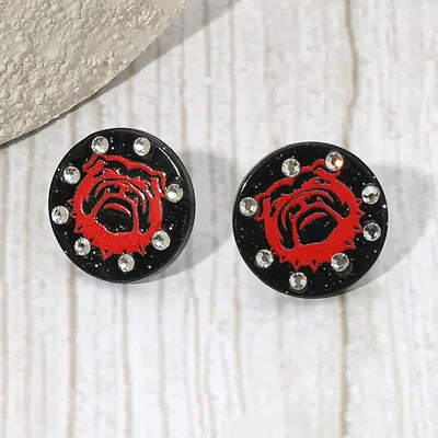 Fashnzfab Sparkle Accent Game Day Bulldog Face Disc Stud Earrings In Black