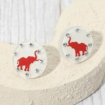 Fashnzfab Sparkle Accent Game Day Elephant Disc Stud Earrings - White In Red