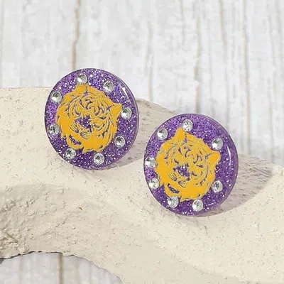 Fashnzfab Sparkle Accent Game Day Tiger Face Disc Stud Earrings In Blue
