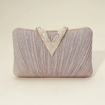 Fashnzfab Sparkle Fabric Stone Paved V Fold Clutch / Evening Bag / Crossbody Bag In Pink
