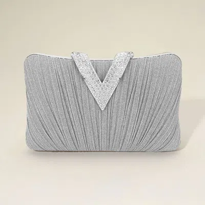 Fashnzfab Sparkle Fabric Stone Paved V Fold Clutch / Evening Bag / Crossbody Bag In Silver