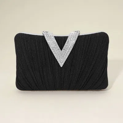 Fashnzfab Sparkle Fabric Stone Paved V Fold Evening Clutch Crossbody Bag In Black