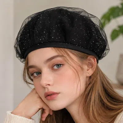 Fashnzfab Sparkle Mesh Beret Hat In Black