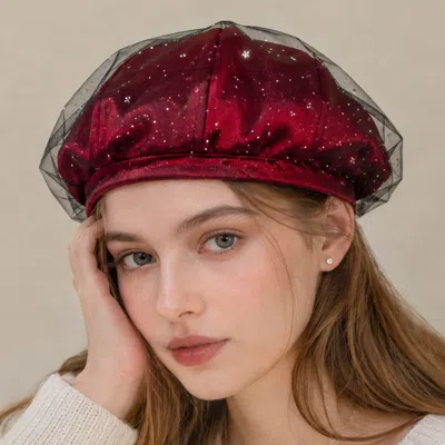 Fashnzfab Sparkle Mesh Beret Hat In Red