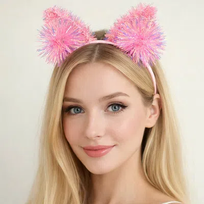 Fashnzfab Sparkle Tinsel Pom Animal Ear Party Headband In Pink