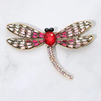 Fashnzfab Sparkling Stone Embellished Dragonfly Pin Brooch In Red