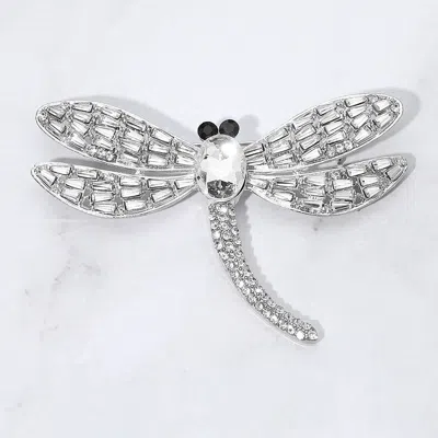 Fashnzfab Sparkling Stone Embellished Dragonfly Pin Brooch In Silver